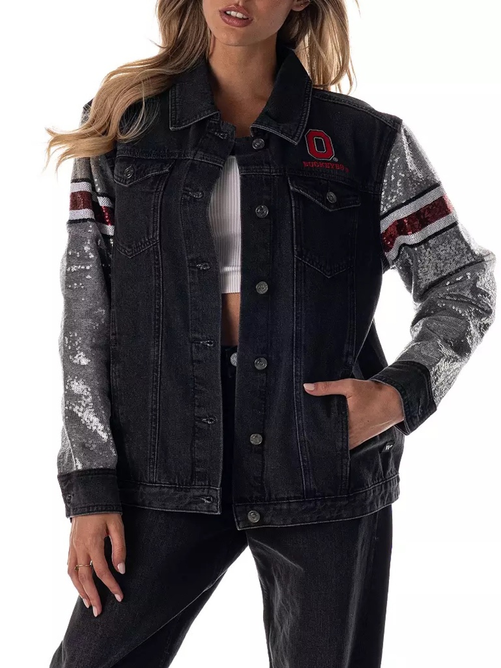 The Wild Collective Women's Ohio State Buckeyes Black Sparkle Denim Jacket